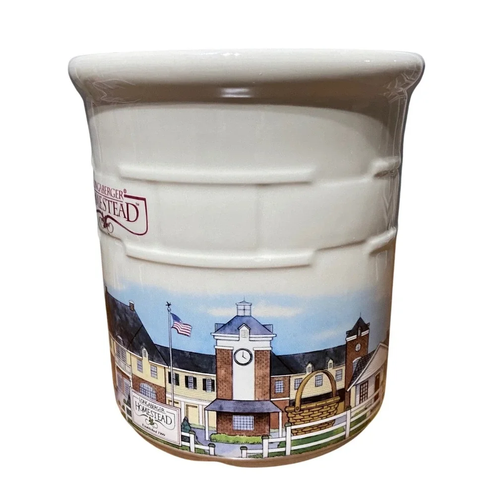 Longaberger Homestead Pottery Crock Utensil Holder Ivory Basketweave Made in USA